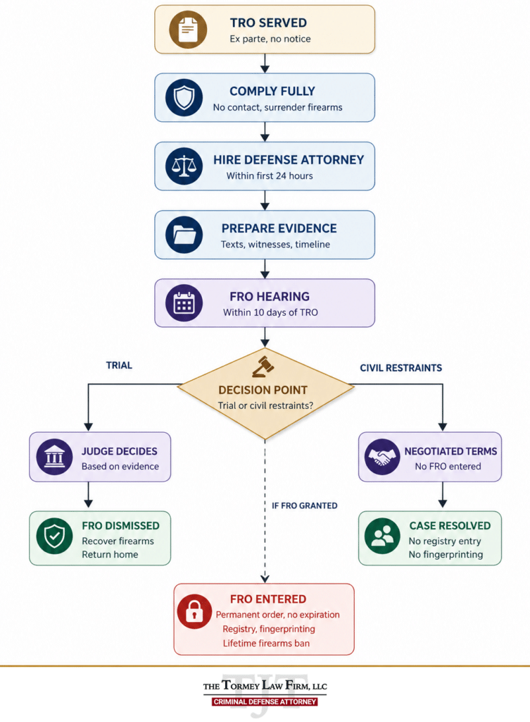 Decision-tree flowchart showing what happens after being falsely accused with a restraining order in New Jersey